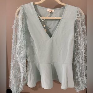 Sky Blue Blouse with Lace Sleeves